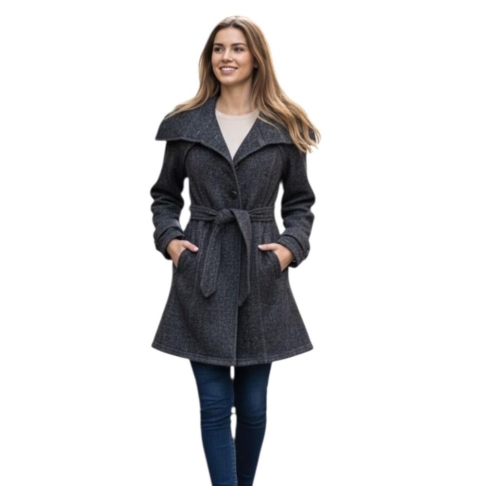 IZ Byer Coat Womens Medium Gray Tweed Belted Trench Collared Lined Button Front